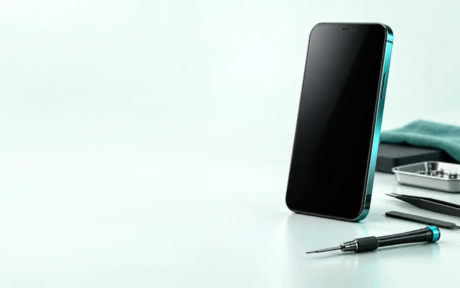 Smartphone and precision repair tools on a clean Phonefix24 workbench