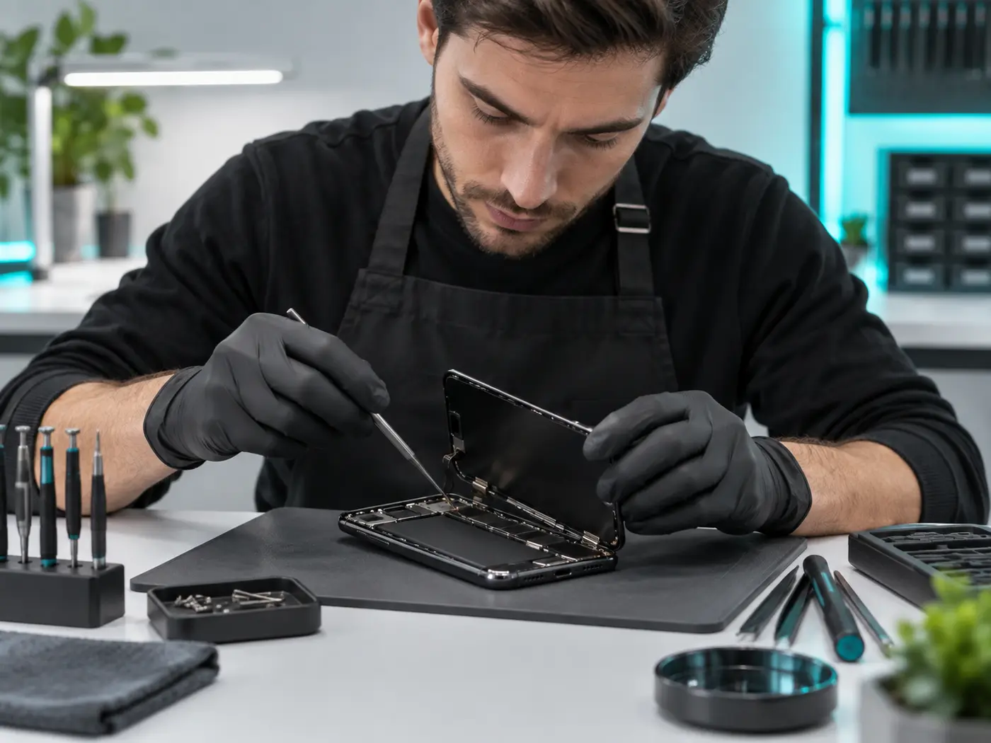 Phonefix24 technician carefully working on a smartphone